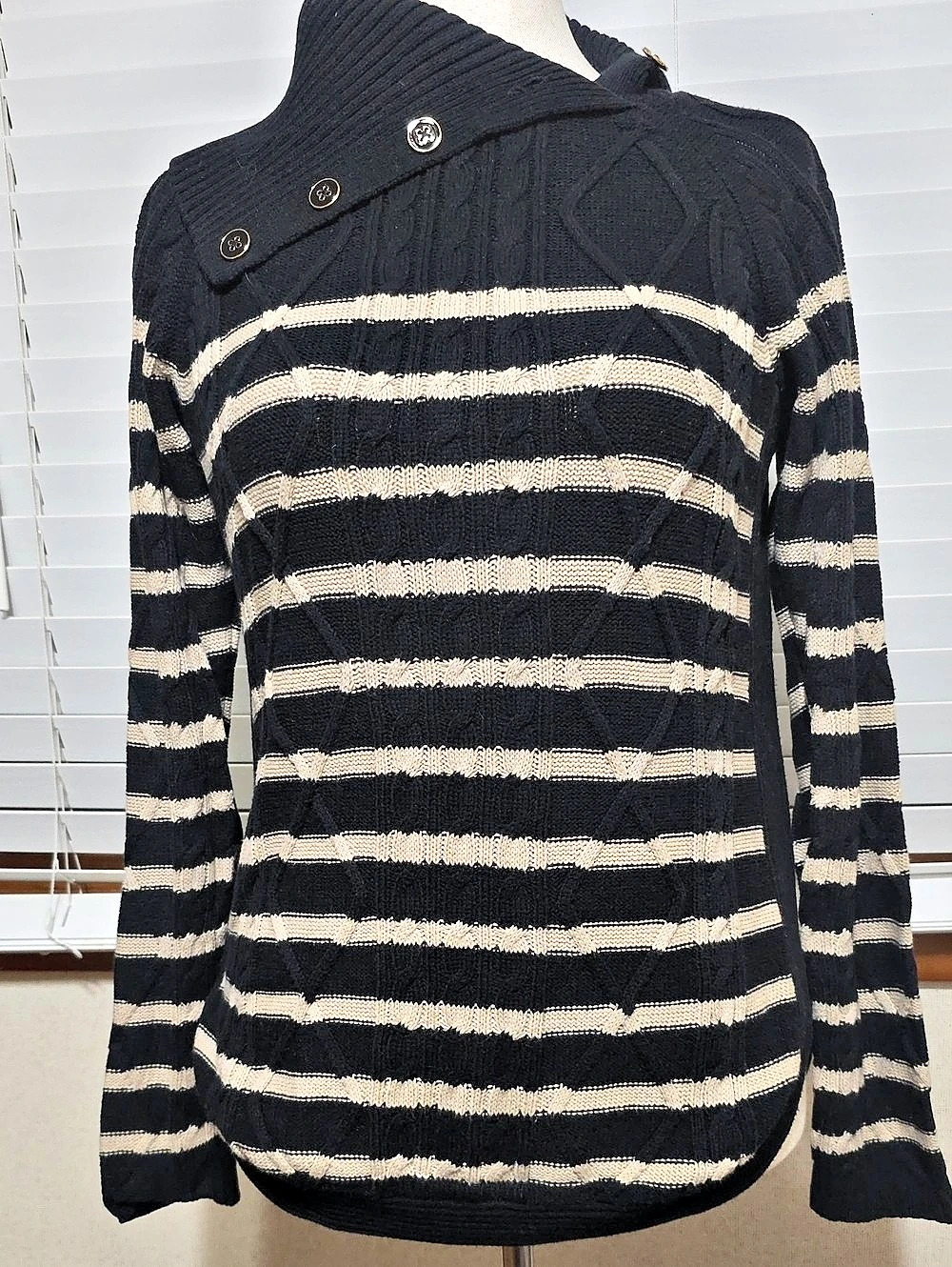 Loft & Barrow Striped Cowl Neck Sweater Black Beige Size Medium